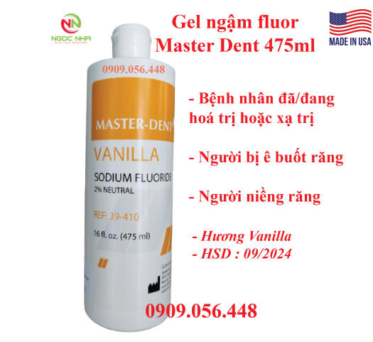 Gel ngậm fluor trung tính Master Dent 2% Sodium flour và 2% Neutral hương Vanilla ngừa sâu răng giảm ê buốt, gel flour dung tích 475ml