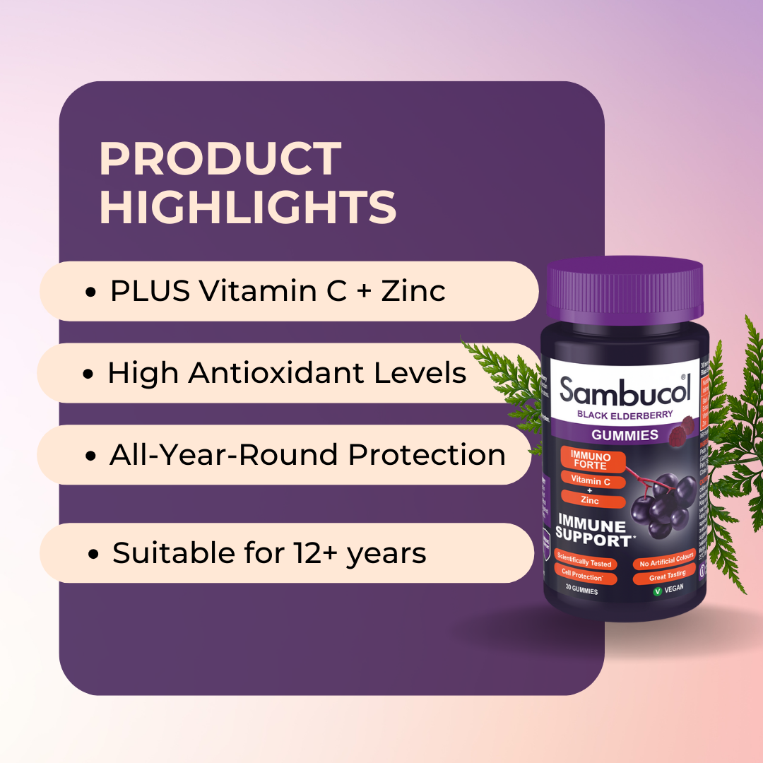 Sambucol Immuno Forte, PLUS Vitamin C + Zinc, Support Immune, 30 Gummies, Product Highlights