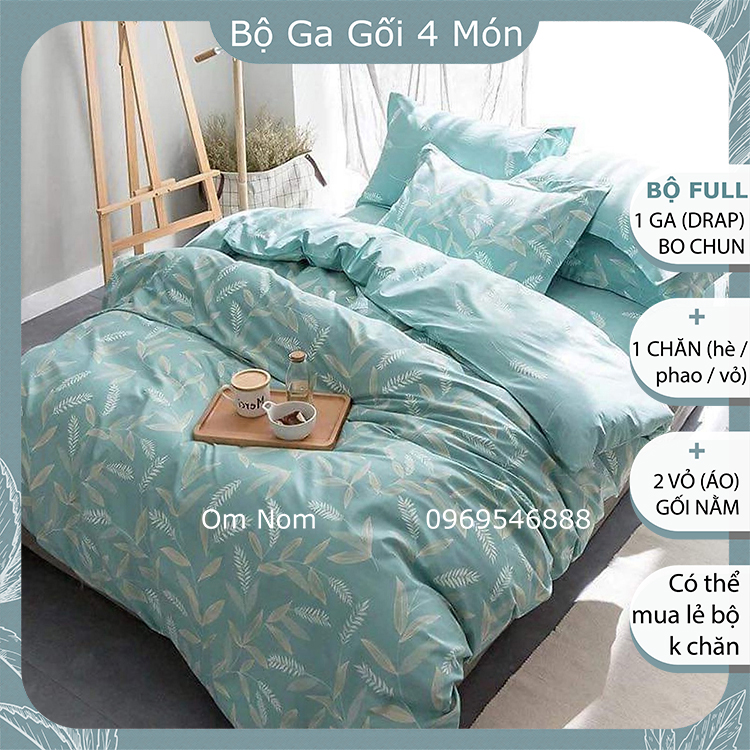 Bộ chăn ga gối đệm đẹp, cute chất Cotton Hàn Quốc, giá rẻ, BỘ 4 MÓN: 1 drap giường, 2 vỏ gối nằm, 1 chăn, họa tiết LÁ TRE NHẠT (LÁ LÚA) cho bé gái
