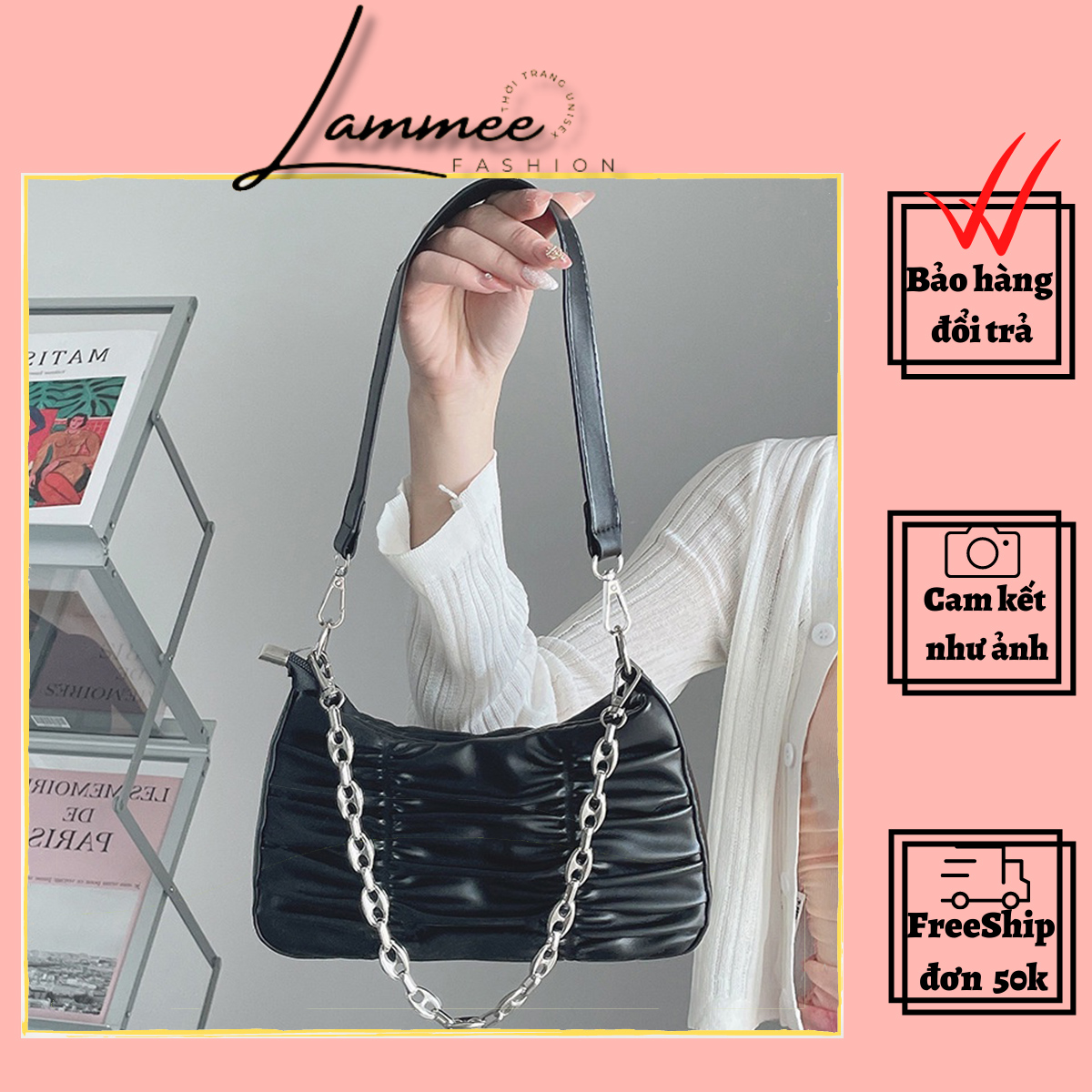 , Túi Xách Nữ Da Dê Mềm Mịn Bảo hành 12 tháng - Túi Đeo Chéo Nữ Phối Xích Da Gấp Đi Chơi Phong Cách Hàn Quốc