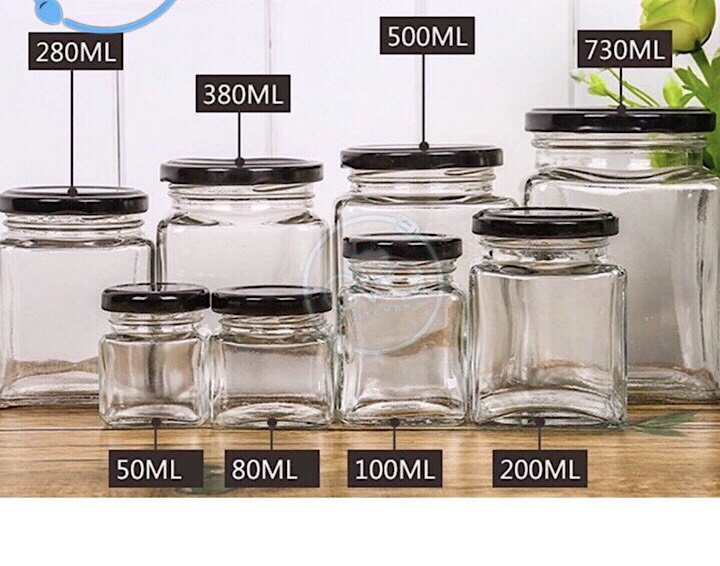 Hũ thủy tinh vuông nắp thiếc 100ml,200ml, 280ml, 380ml,500ml