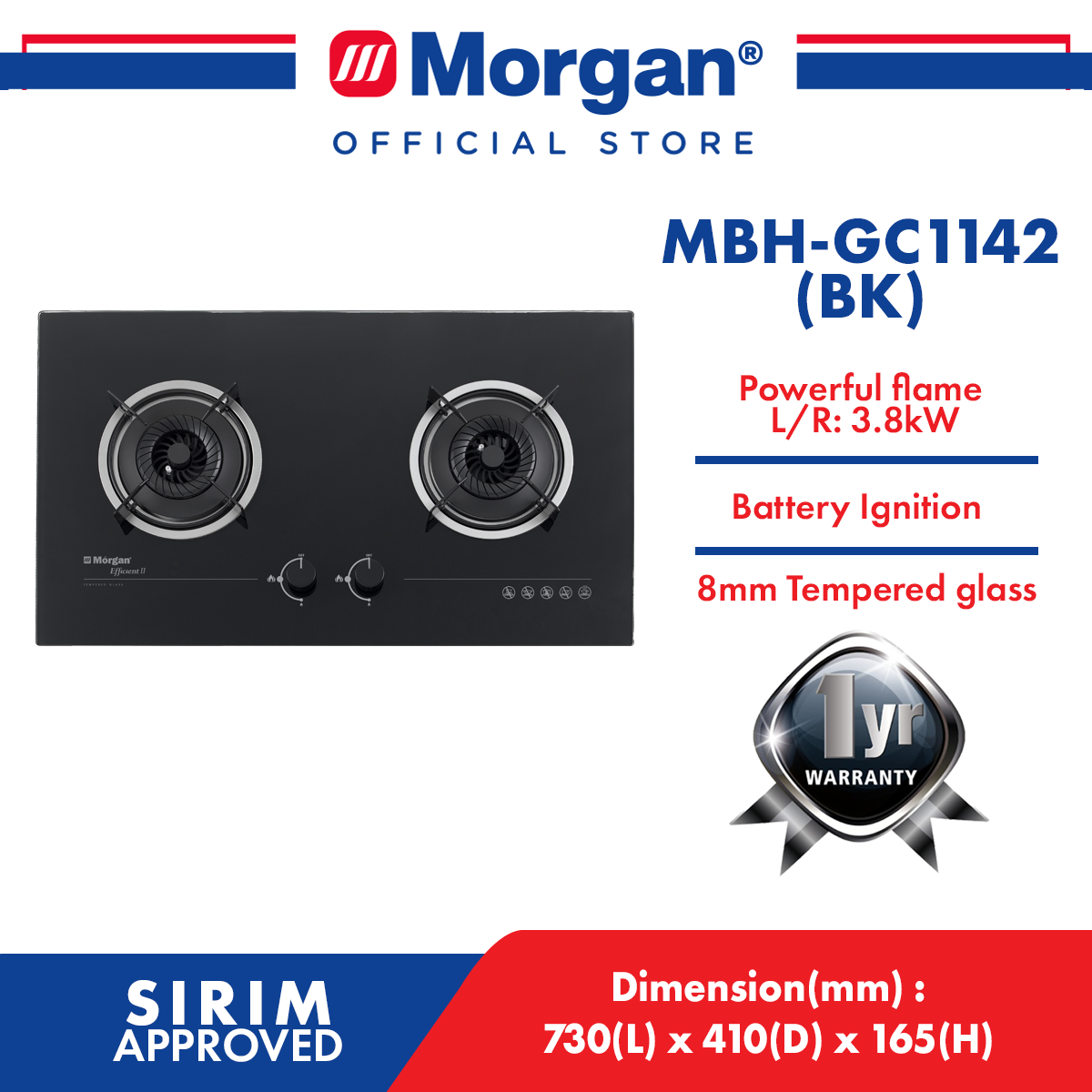 MORGAN MBH-GC1142(BK) BUILT-IN HOB GLASS 2 BURNER