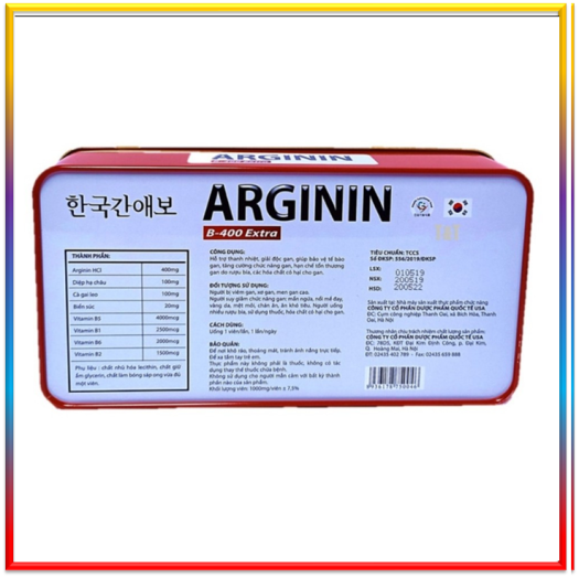 Viên Uống Thải Độc Gan Arginin B-400 Extra Giúp Thanh Nhiệt Bảo Vệ Gan, Tăng Cường Chức Năng Gan ,hạn chế tổn thương do rượu bia các hóa chất có hại cho gan -Hộp sắt 60 viên