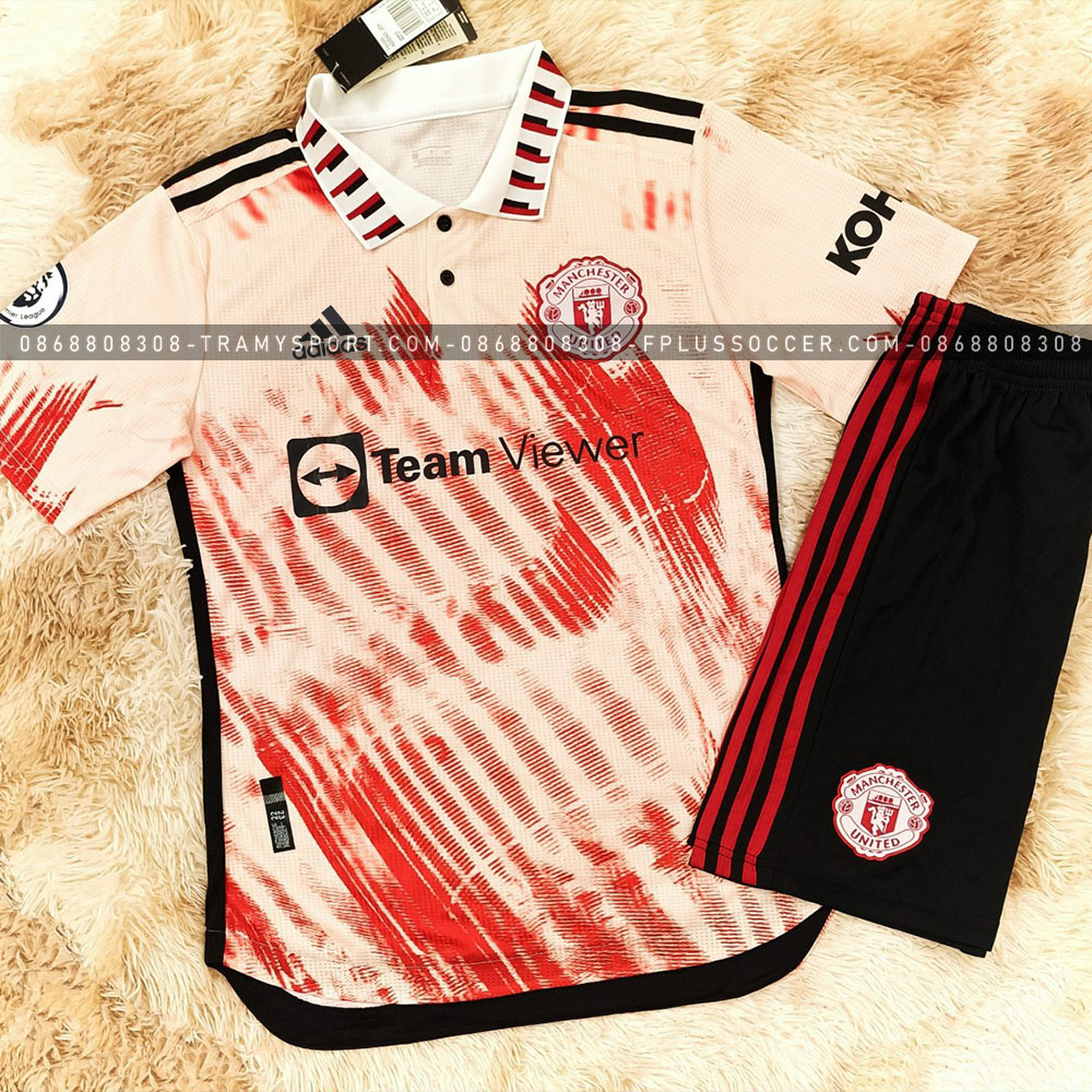 Bộ quần áo đá bóng clb MU Manchester United manutd màu trắng vàng hoạ tiết sọc đỏ mới nhất 2022 2023 logo thêu có cổ