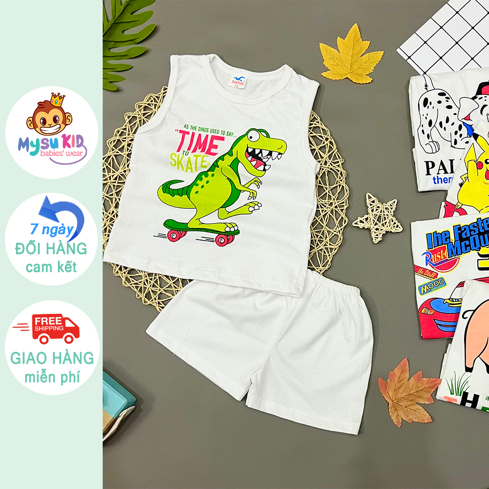 Đồ bộ ba lỗ cho bé trai bé gái Mysu kids màu trắng thun cotton 100% mềm mịn mát từ 8kg đến 60kg