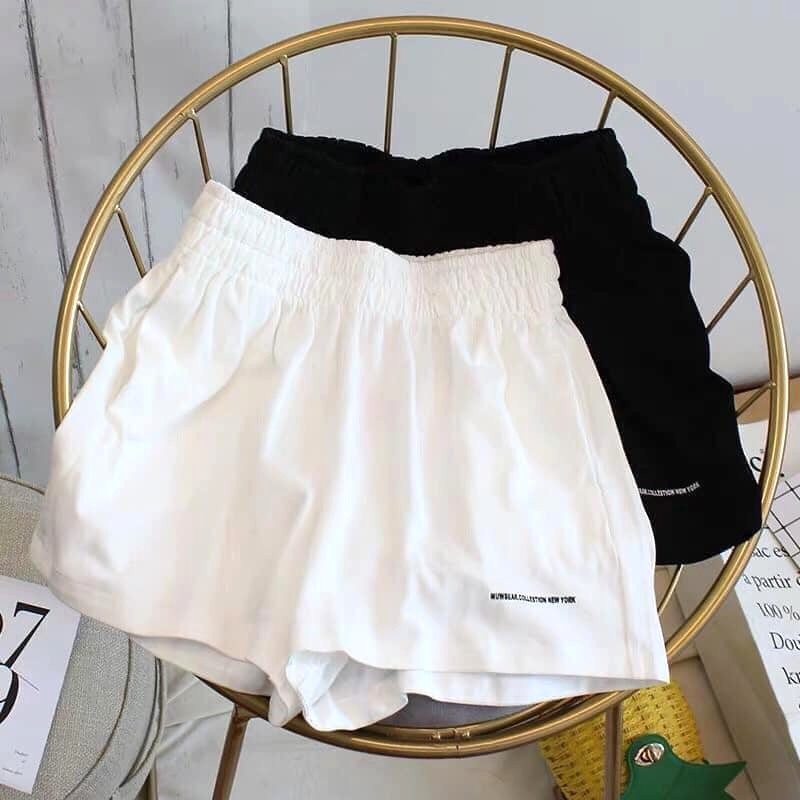 Quần đùi nữ mặc nhà ống rộng cạp chun lưng thun thêu chữ, Quần short ống rộng quần sooc đùi thêu chữ