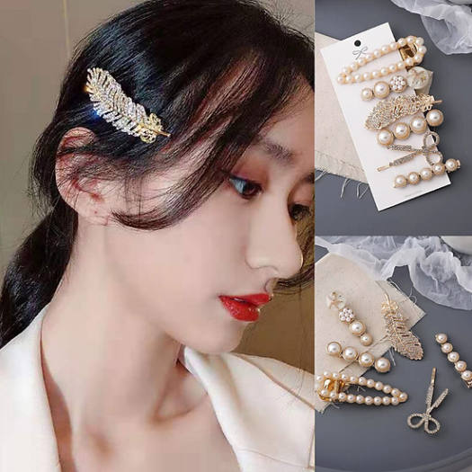 Set 6 Món Kẹp Tóc Đính Đá Ngọc Trai Phong Cách Hàn Quốc, Cặp Tóc Đính Đá Thiết Kế Sang Cảnh Thời Trang Phụ Kiện Tóc Nữ