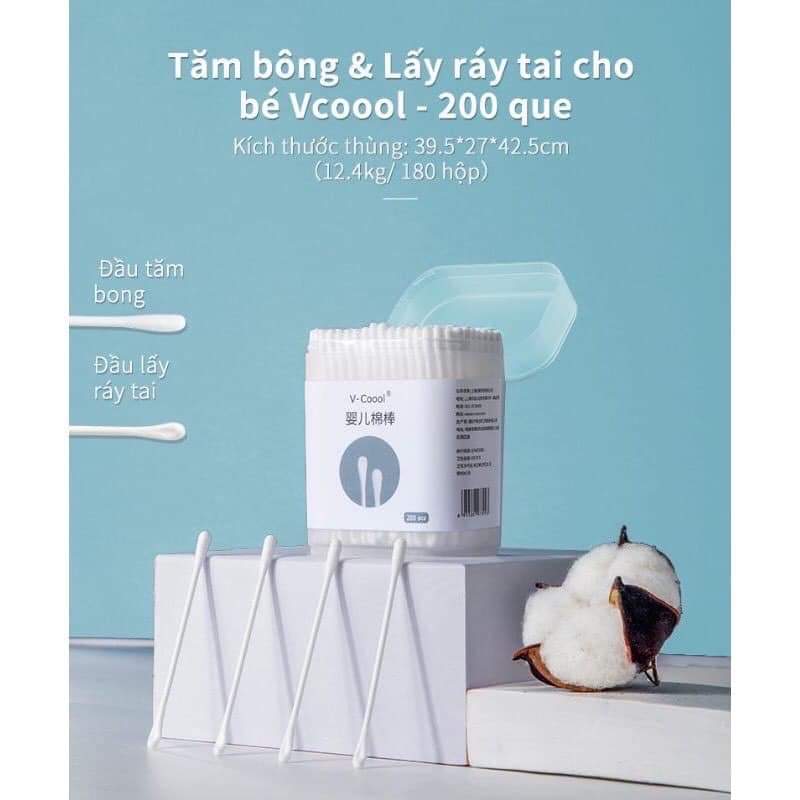 {Tăm bông cho bé} Tăm Bông Sơ Sinh Vcool Đầu Giọt Nước và 1 Đầu Phễu 200 chiếc. Tăm bông cho bé