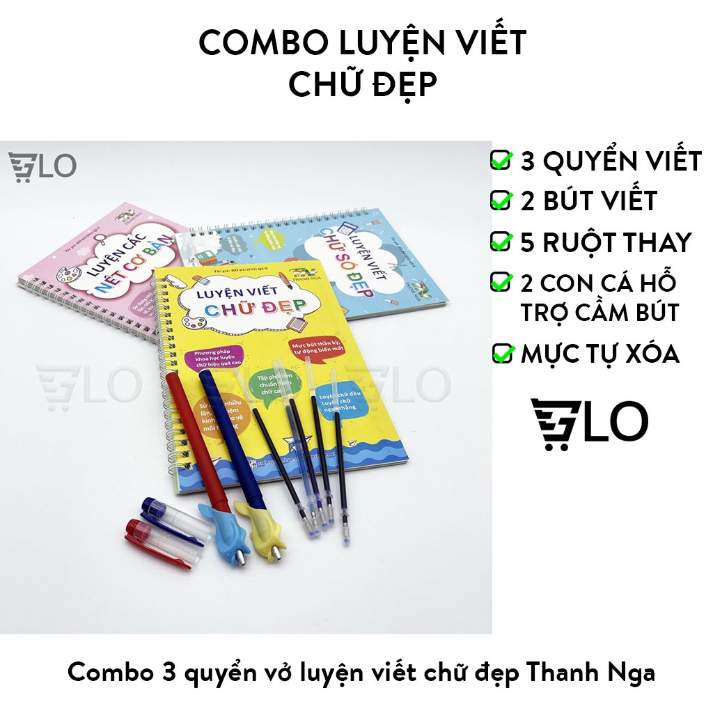 Combo 3 Quyển Luyện Tập Viết Chữ Số Đẹp, Luyện Nét Cơ Bản Kèm 2 Bút Mực Thần Kỳ 8 Ngòi