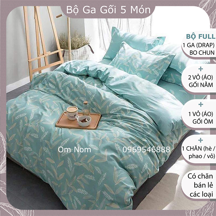 Bộ chăn ga gối 5 MÓN đẹp Hàn Quốc chất cotton poly: 1 drap giường + 2 vỏ gối + 1 vỏ ôm + 1 chăn, họa tiết LÁ TRE NHẠT (lá lúa) vintage, dễ thương