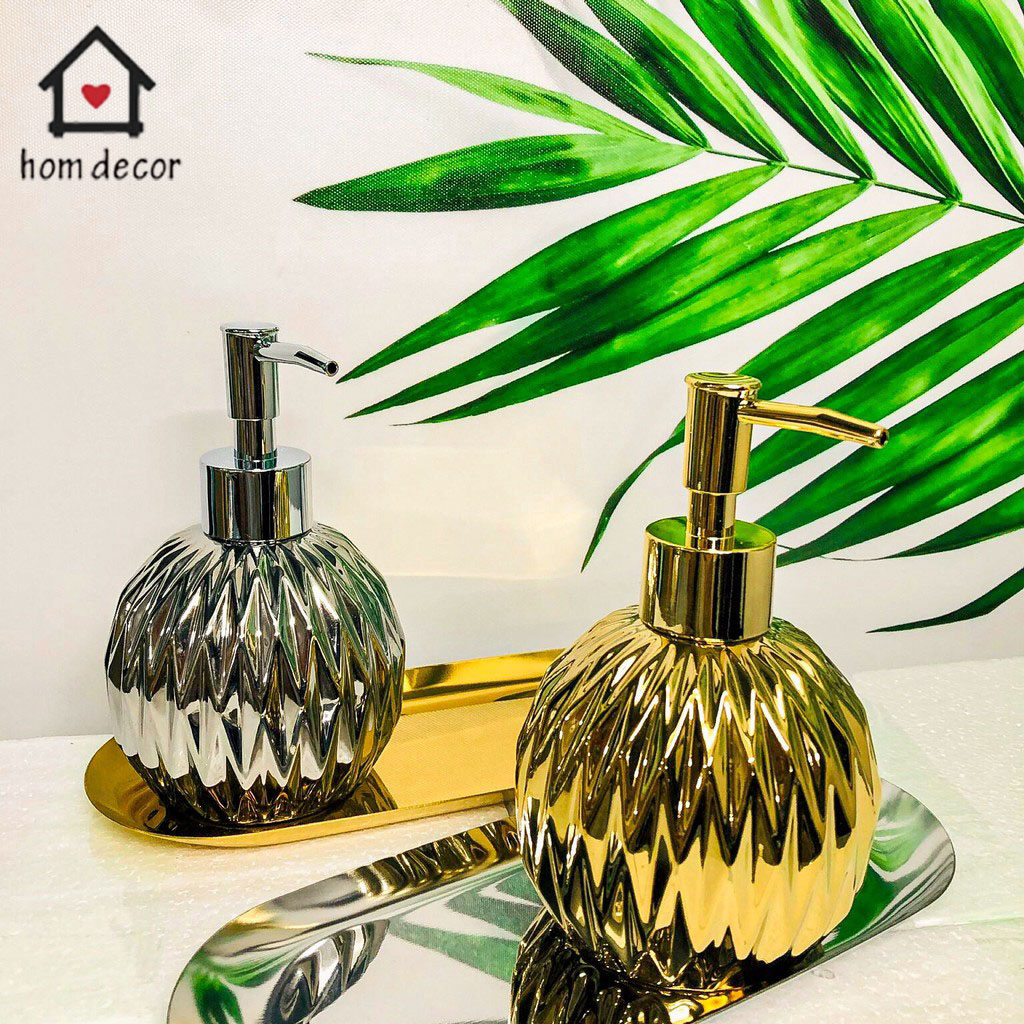 Bình đựng sữa tắm dầu gội, Bình Sứ đựng nước rửa tay Kèm khay đựng cao cấp Phủ Bóng -Chai chiết mĩ phẩm