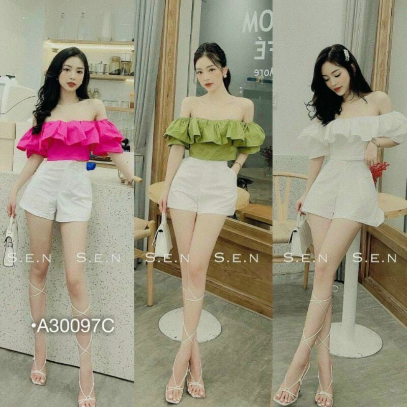 Set áo bẹt vai bèo quần đùi trắng mẫu thời trang mới siêu xinh M002