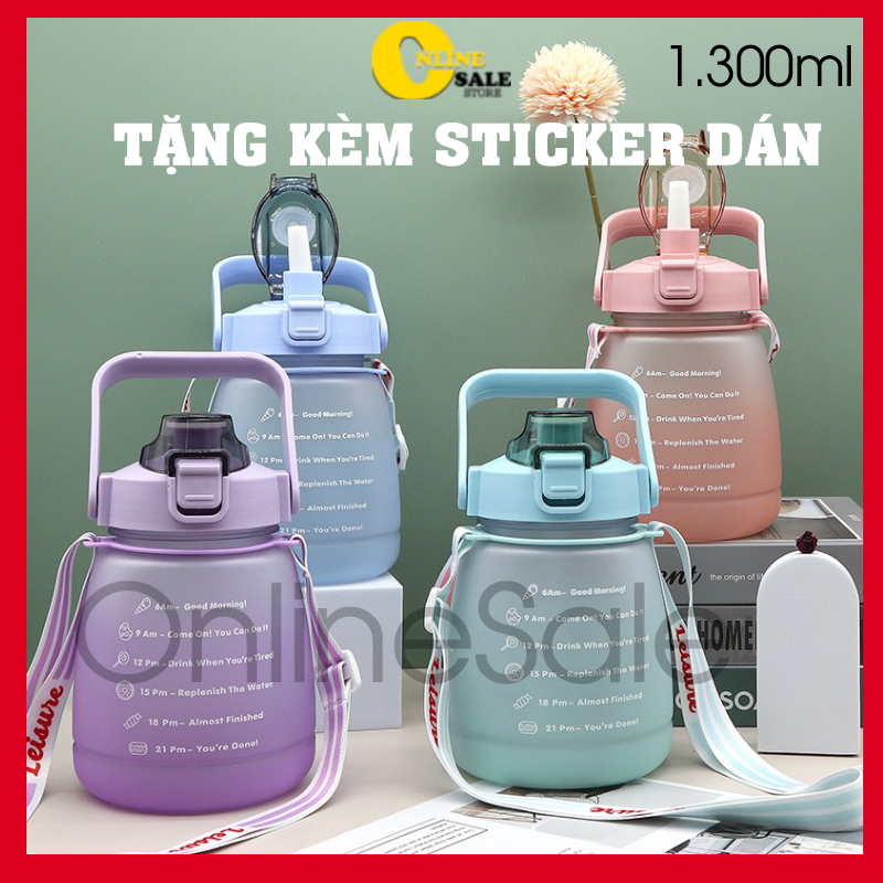 [Tặng Kèm Sticker][1300ml] Bình nước học sinh thể thao chai nước cho bé đi học kèm ống hút mềm + dây đeo