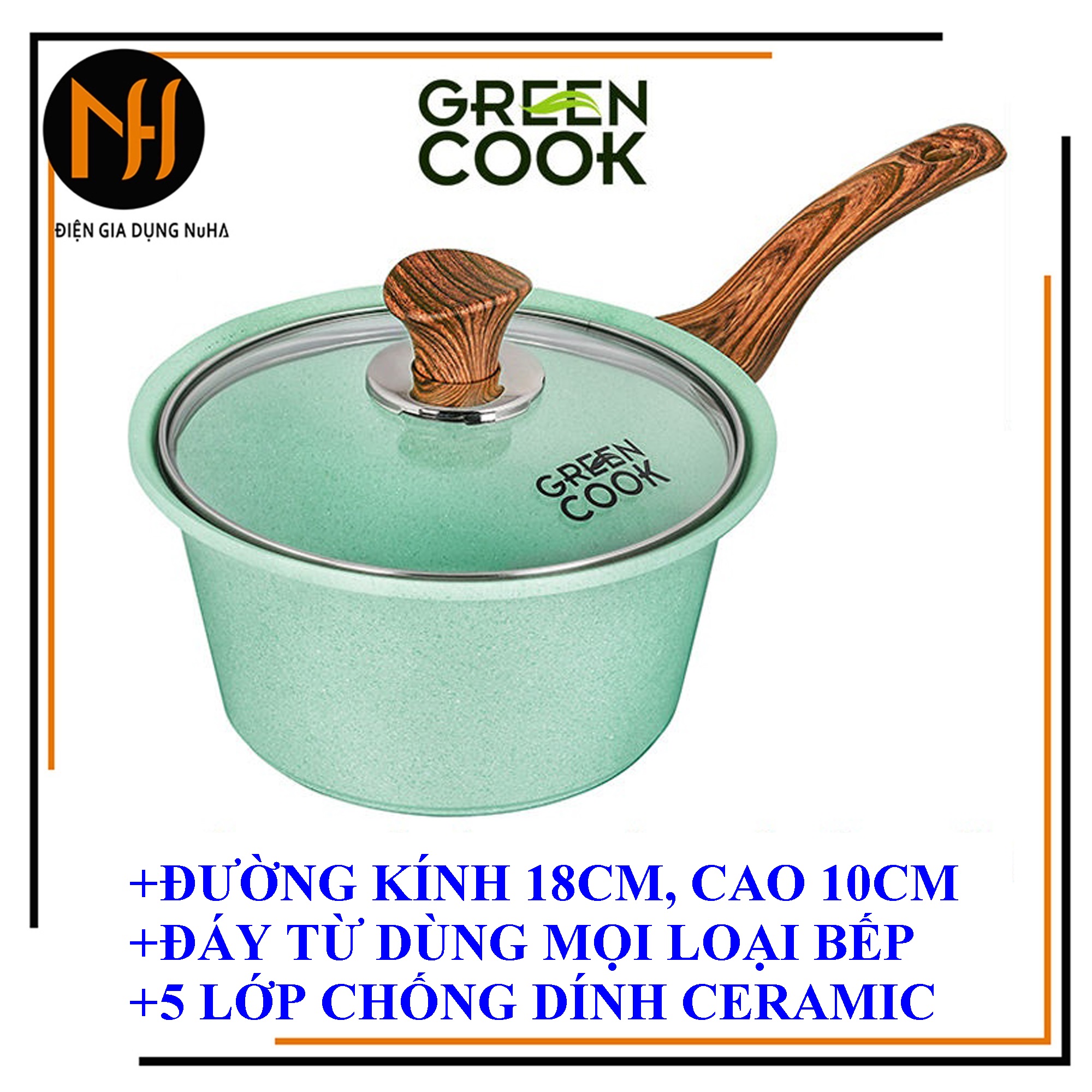 Quánh chống dính đúc đáy từ dùng mọi loại bếp Greencook GCS05 size 18cm cao 10cm màu xanh ngọc nắp kính-Bảo hành 1 tháng đổi mới