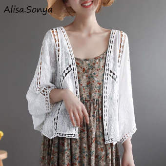 Alisa. Sonya Women's Cardigan Sweater Cotton Blouse Bat Sleeve Cardigans with Lace Hollow Design Sunscreen Cardigan
