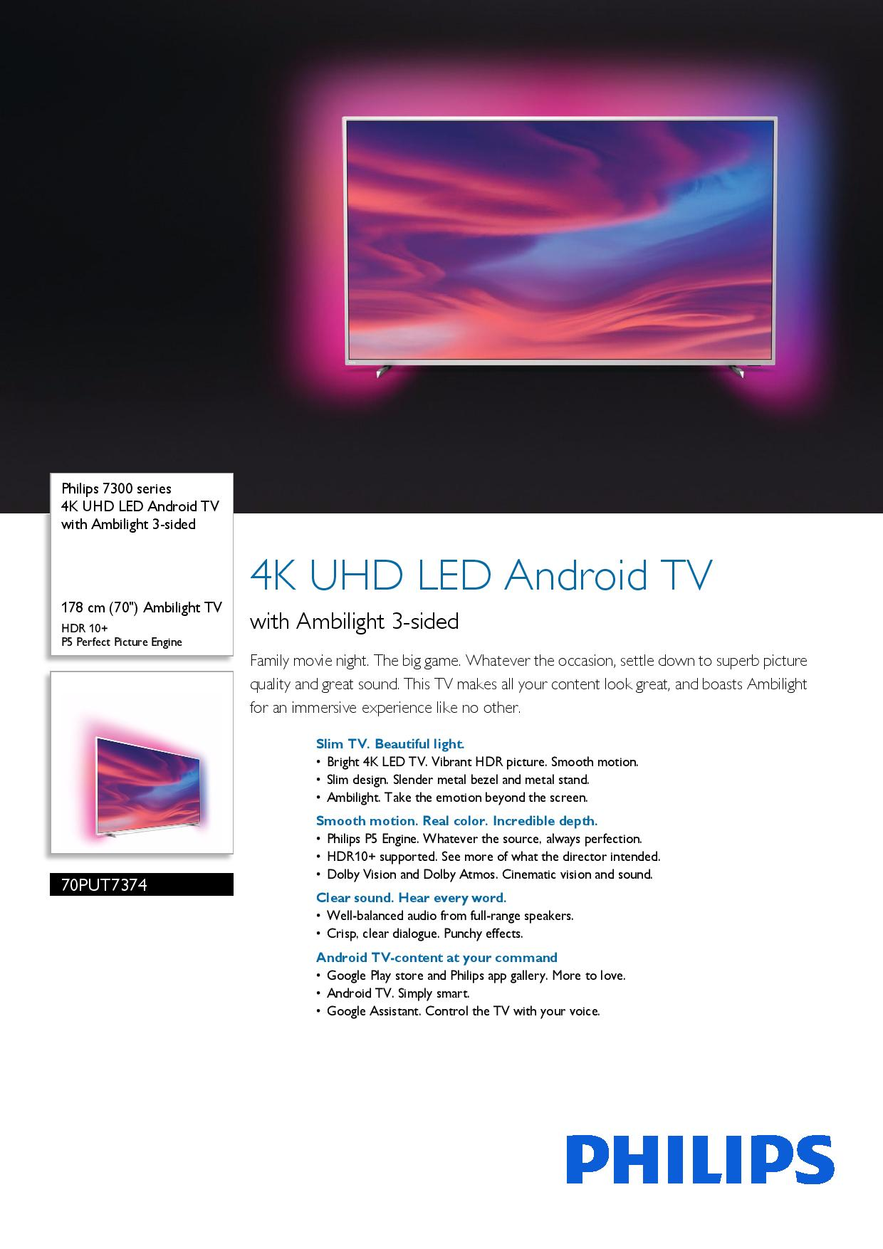 PHILIPS 70PUT7374/98 70 IN ULTRA HD 4K ANDROID LED TV 3 YEARS WARRANTY BY PHILIPS (70PUT7374) · v18