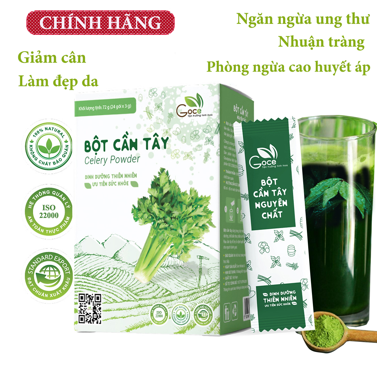 Bột Cần Tây Nguyên Chất Goce - Detox cơ thể, tăng cường miễn dịch, giúp trẻ hóa làn da và kháng viêm hiệu quả - Hộp 72g