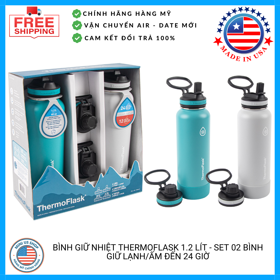 [Hàng Mỹ] Bình nước ThermosFlask giữ nhiệt đến 24h, thể tích 1200ml - Set 02 bình - Có tách lẻ 01 bình (04 màu)