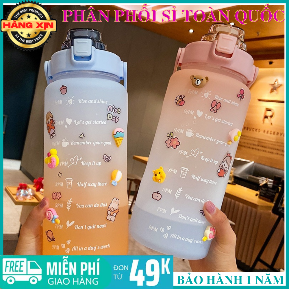 [GIÁ SỈ-SIÊU TỐC 2H] Bình đựng nước 2L dễ thương chia vạch báo giờ nhắc uống nước có ống hút tiện lợi cao cấp