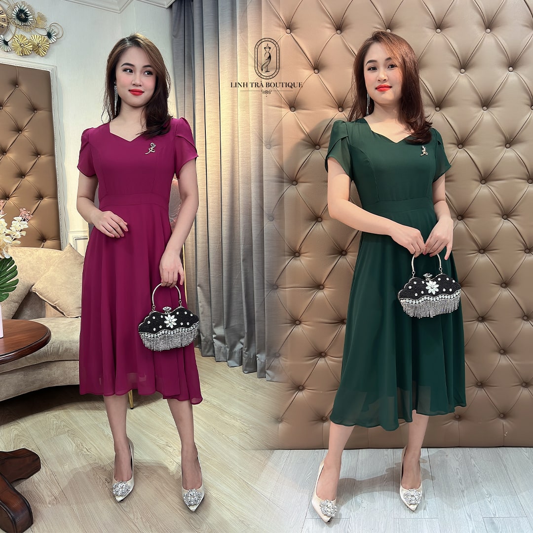 Linh Trà - Đầm Trung Niên Dáng Dài [TM 296] Cao Cấp Vải Voan Chiffon Tay Ngắn Cho Mẹ U40 U50