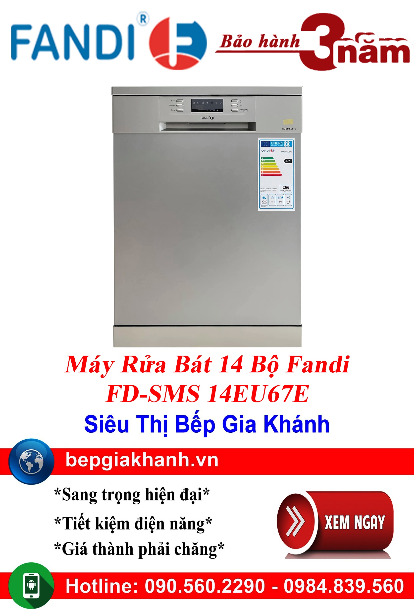 Máy rửa bát độc lập Fandi FD-SMS 14EU67E, máy rửa chén, máy rửa chén bát, máy rửa bát, máy rửa bát giá rẻ, may rua bat, may rua chen, may rua bat gia re