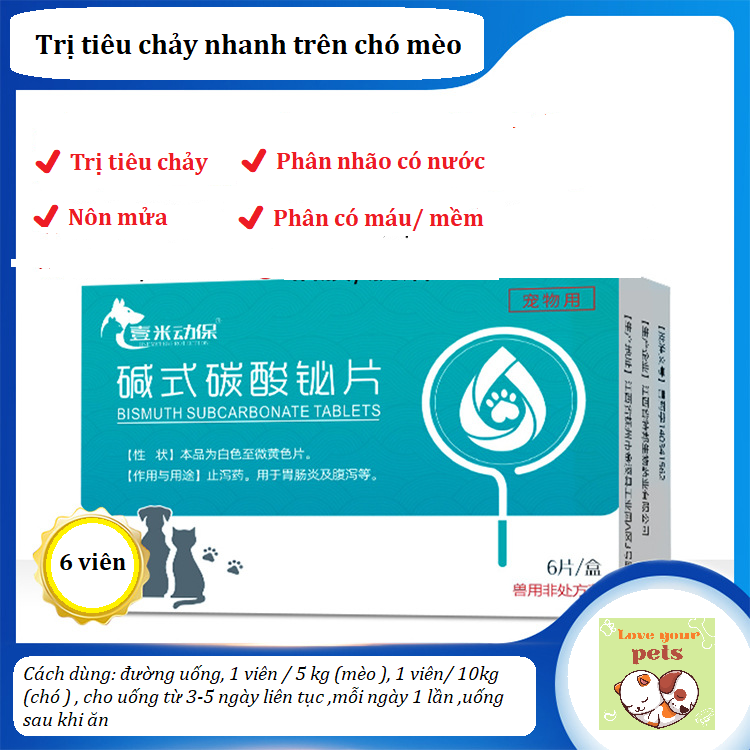 [FREESHIP] 1 Hộp (6 viên) Bismuth Subcarbonate Chuyên Tiêu Chảy, Ói Mửa Trên Chó Mèo