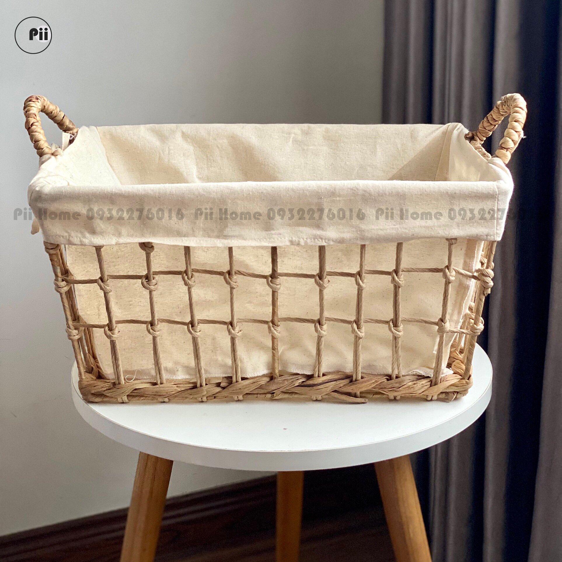 Giỏ cói oval đan thưa đựng đồ pii home , có tay cầm, kèm lót vải tiện dụng