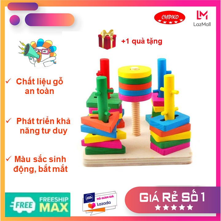 Bộ thả cọc hình khối 5 cọc zíc zắc, đồ chơi trí tuệ, đồ chơi gỗ,luyện tay luồn cọc