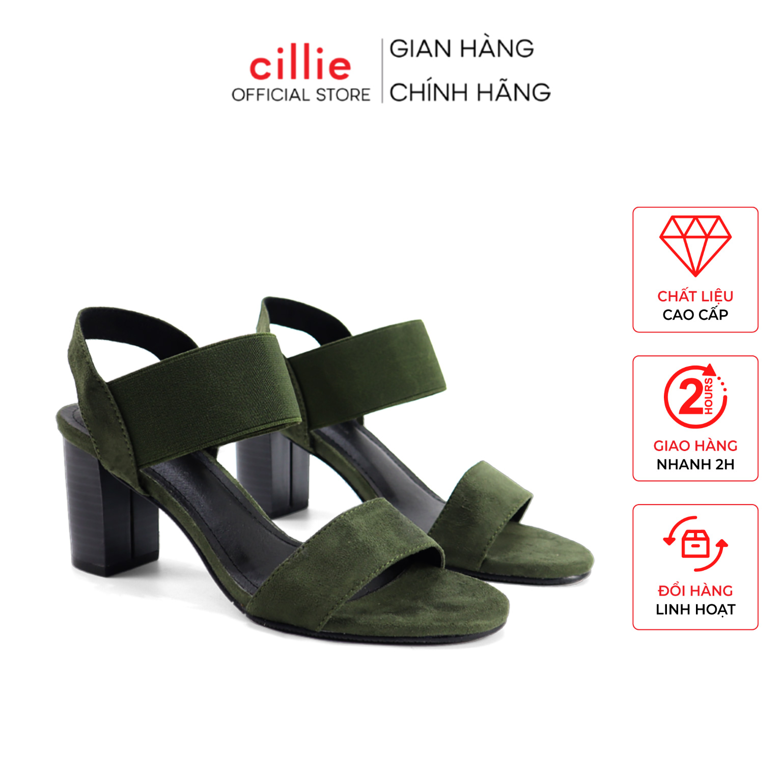 Giày sandal nữ Cillie quai ngang phong cách Hàn Quốc đế vuông 7p da lộn phối thun tiện lợi 1010