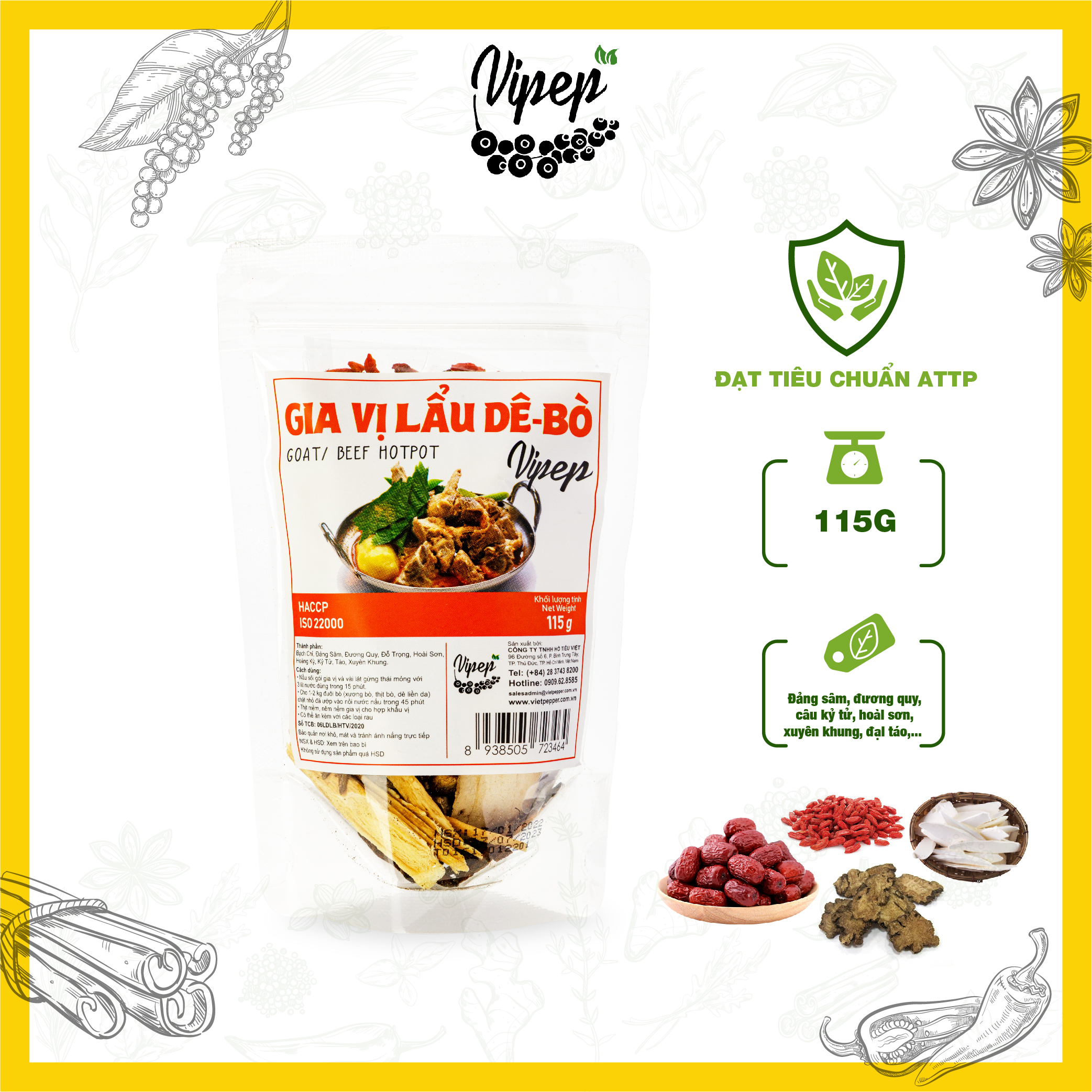 Gói gia vị nấu lẩu bò, dê Vipep 115g - gia vị ninh hầm quý hiếm (kỷ tử, đại táo, hạt sen, hoài sơn, đảng sâm..)