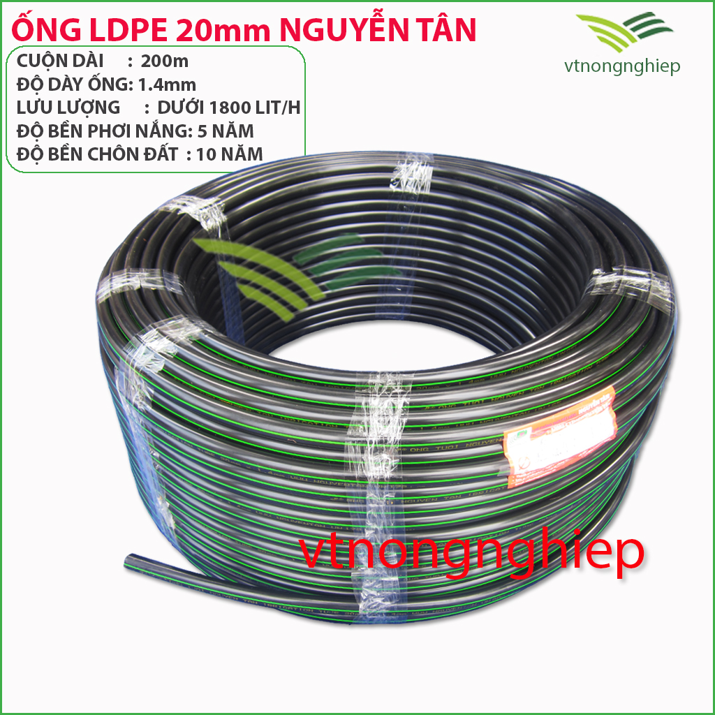 Ống tưới ldpe 20mm, cuộn dài 200m, dày 1.4ly, hiệu Nguyễn Tân, sử dụng cho hệ thống tưới cây tự động, béc tưới bù áp, béc tưới rau, béc tưới phun mưa