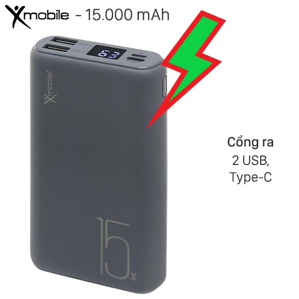 JP200 (tặng kèm cáp sạc) Pin sạc dự phòng Polymer 15.000mAh Type C Xmobile Xám