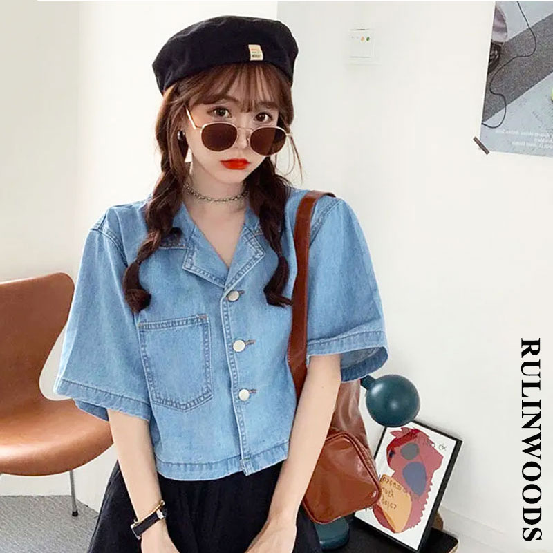 RULINWOODS áo khoác denim nữ tay ngắn Áo khoác hàn quốc
