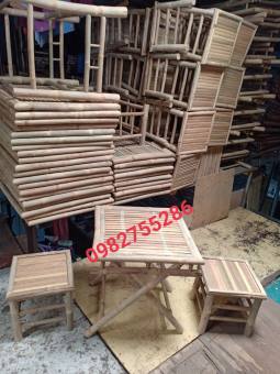 bàn ghế tre, bàn xếp tre + ghế đôn