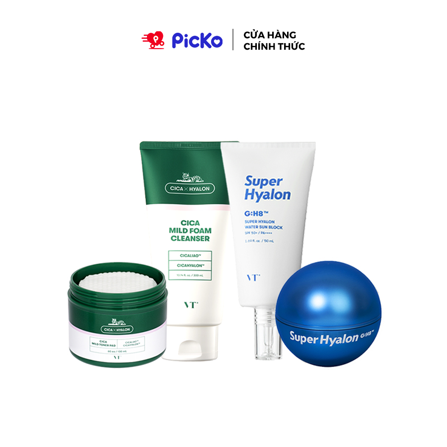 Bộ 4 sản phẩm chăm sóc da VT Cosmetics (gồm: Sữa rửa mặt, Toner Pad, Viên nhộng dưỡng da cấp ẩm và Kem chống nắng) PICKO