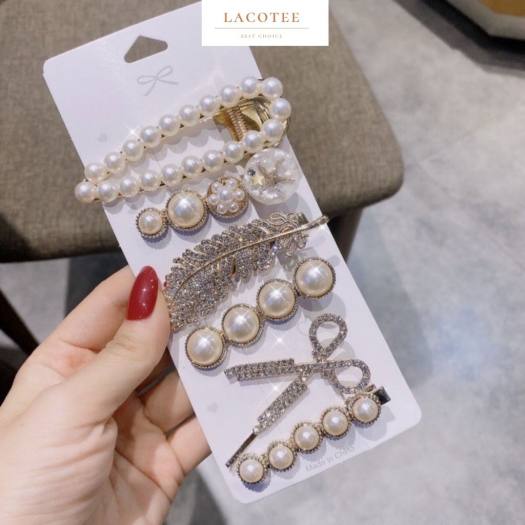 Set 6 Món Kẹp Tóc Đính Đá Ngọc Trai Phong Cách Hàn Quốc, Cặp Tóc Đính Đá Thiết Kế Sang Cảnh Thời Trang Phụ Kiện Tóc Nữ