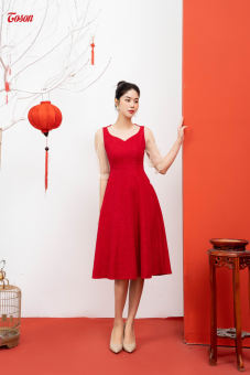 Đầm đỏ nhung nhăn dáng xòe, cổ và tay phối lưới Toson 43953D82