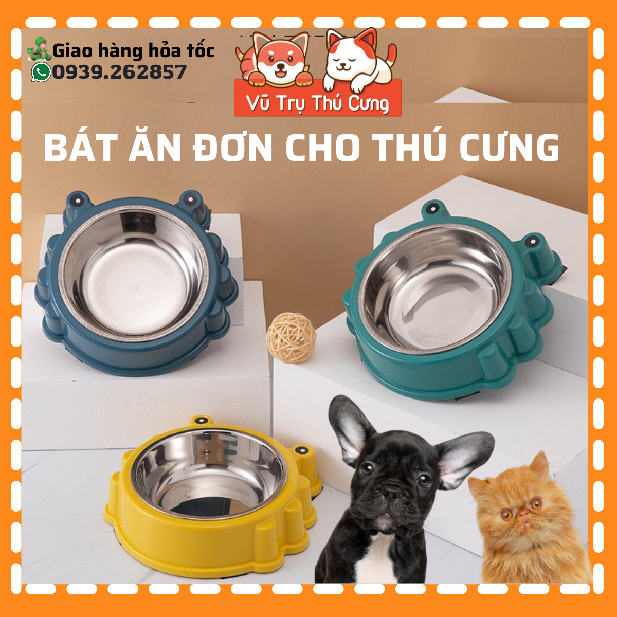 Bát ăn đơn cho thú cưng, Khay đựng thức ăn cho chó mèo, họa tiết hình ếch dễ thương, tiện lợi