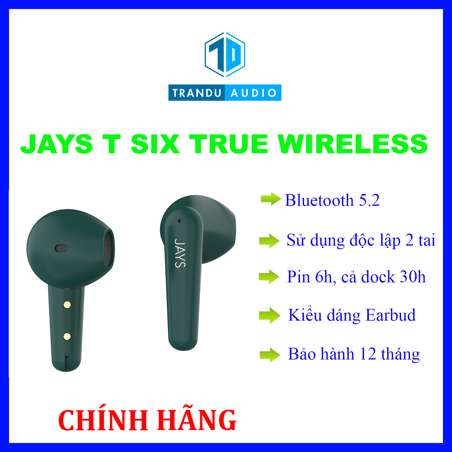 Tai nghe jays t-six true wireless, new seal, pin 6h, sử dụng 2 tai độc lập, bảo hành 12 tháng | trần du audio