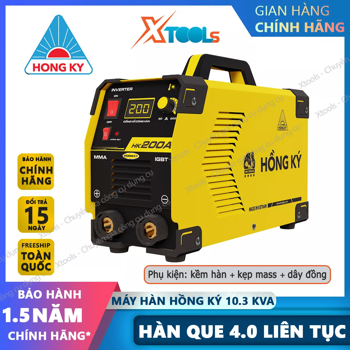 Máy hàn điện tử inverter Hồng Ký HK200A 200 ampe/10.3 KVA công nghệ IGBT chống giật/chống quá tải/chống quá nhiệt hàn que 4.0mm liên tục