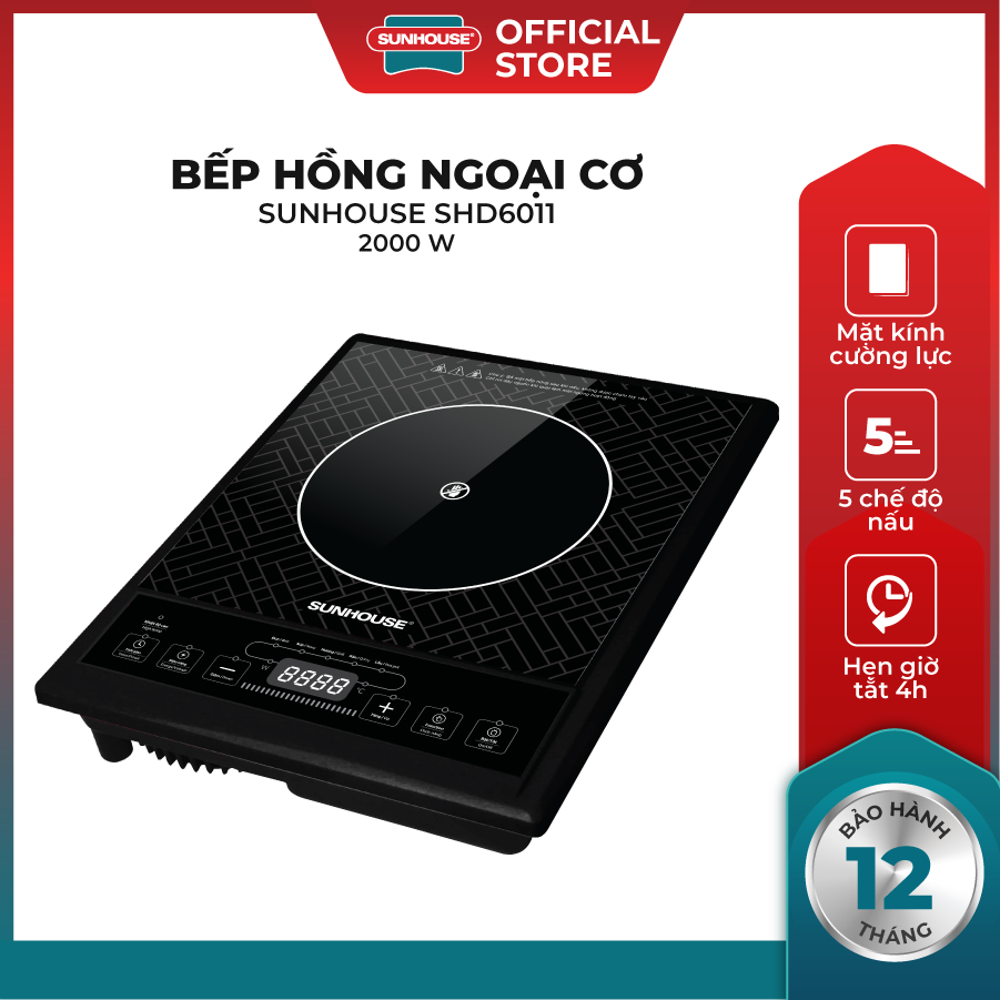 Bếp hồng ngoại sunhouse shd6011 5 chức năng nấu nướng tiện dụng đun nấu, nấu súp, nướng, rán, hâm nóng.…công suất 2000w an toàn cho người sử dụng bh 12 tháng lỗi 1 đổi 1
