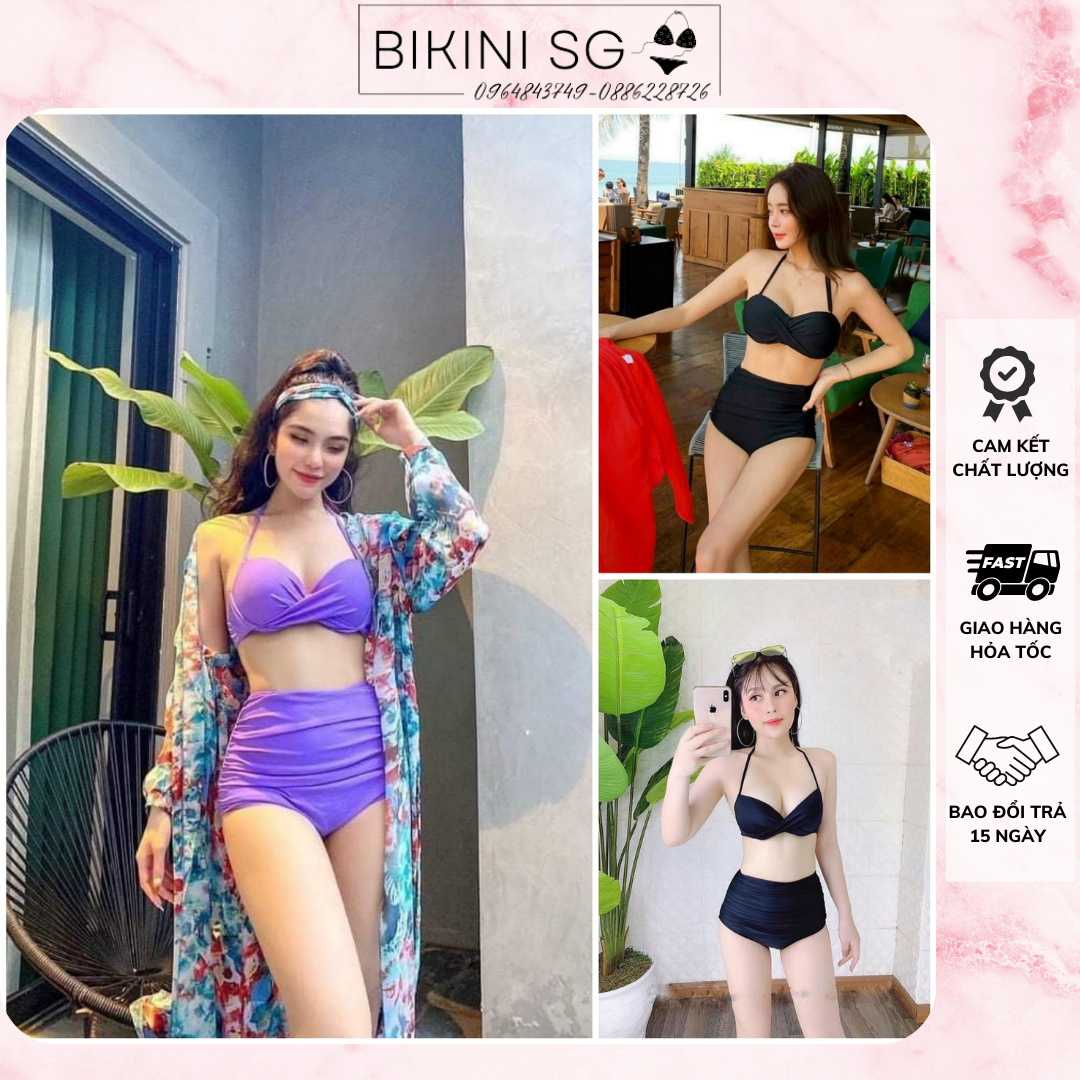 Bikini Sài Gòn - Đồ bơi nữ bikini quây cúp ngực kèm mút ngực dày độn nâng ngực màu đen tím cho người ngực lép phối quần cạp cao tôn dáng HÌNH CHỤP THẬT