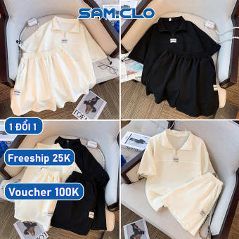 Set đồ bộ nữ freesize mặc nhà áo thun polo tay lỡ khóa kéo cổ phông form rộng + quần đùi in logo SQL