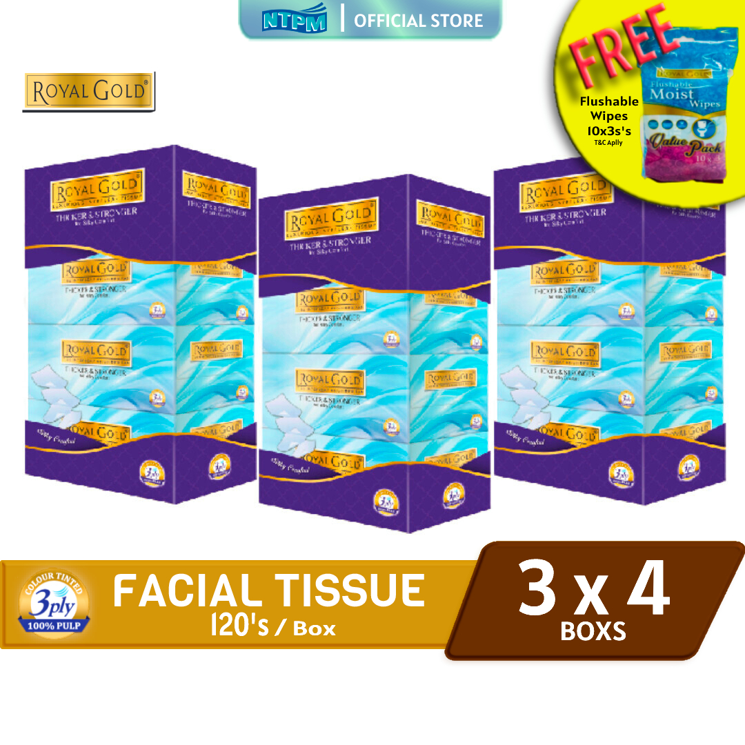 Royal Gold Luxurious Facial Tissue (120'sx4) x 3Box - FREE Royal Gold Flushable Wipes 10'sx3