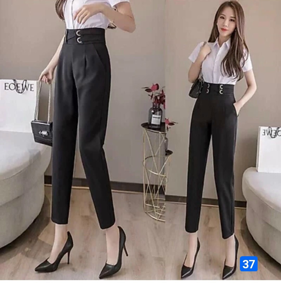 Quần Tây Lưng Cao Màu Trơn Phong Cách Hàn Quốc Thanh Lịch Cho Nữ LUNASTORE86