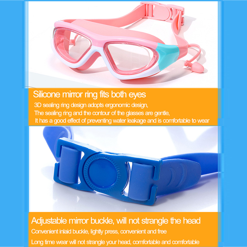 ภาพประกอบคำอธิบาย แว่นตาว่ายน้ำป้องกันหมอก HD กันน้ำสำหรับเด็กชายและเด็กหญิงซิลิโคนที่อุดหูอ่อน