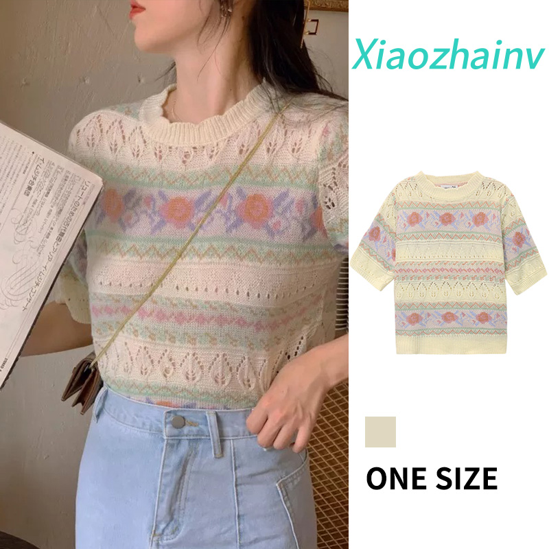 Xiaozhainv Áo Dệt Kim Hoa Retro Phong Cách Hàn Quốc Cho Nữ Áo Tay Ngắn