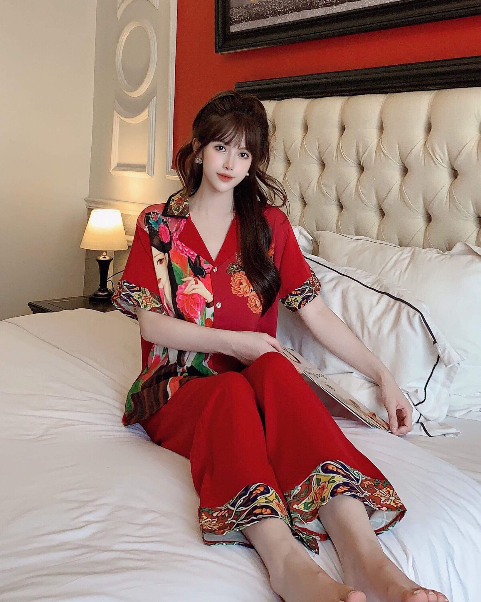 Set Bộ Lụa Mango Dài Họa Tiết Cực Sang - Mẫu mặc hàng thật chụp