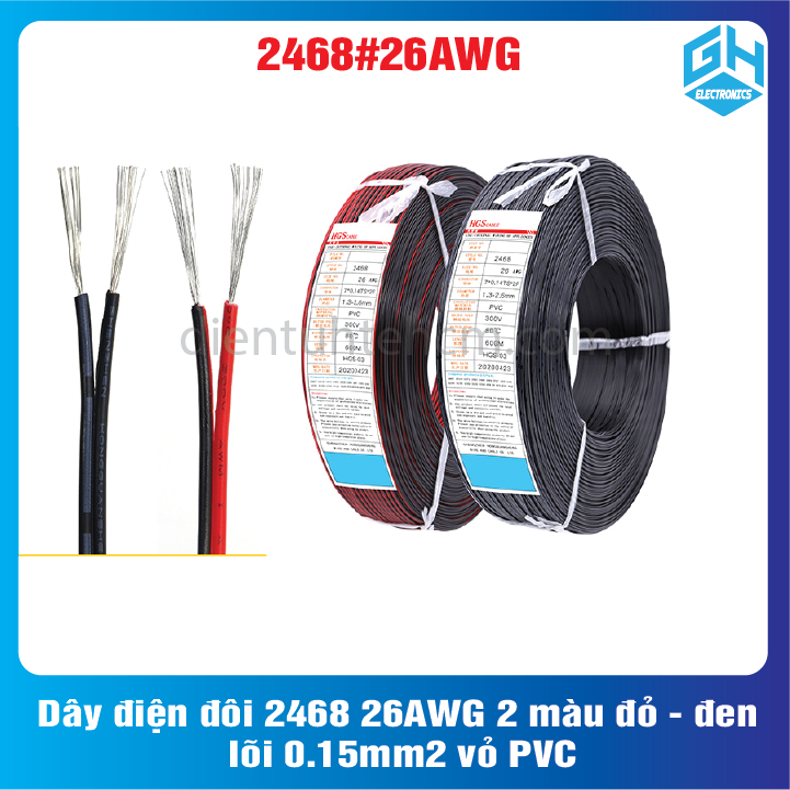 Dây điện đôi 2468 26awg 2 màu đỏ - đen lõi 0.15mm2 vỏ pvc