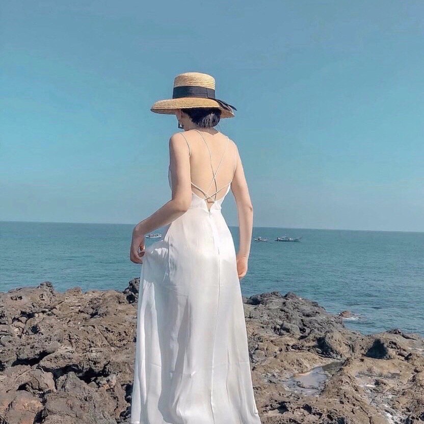 Đầm maxi đi biển dã ngoại dáng dài xòe hở lưng đan dây sau sống ảo siêu xinh Hà Kiều MSP371